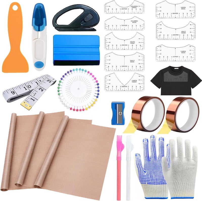 XEUZK Sublimation Shirts Tool Kits with 8 T Shirt rulers, 3Pack Teflon Sheet for Heat Press 12 x 16in, Heat Resistant Gloves with Silicone Bumps, 2 Rolls Heat Resistant Tape, 2Pcs Sublimation Pencil - Image 1